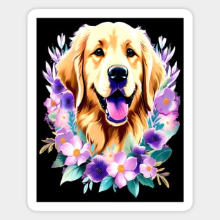 Cute Golden Retriever Surrounded by Beautiful Flowers Magnet